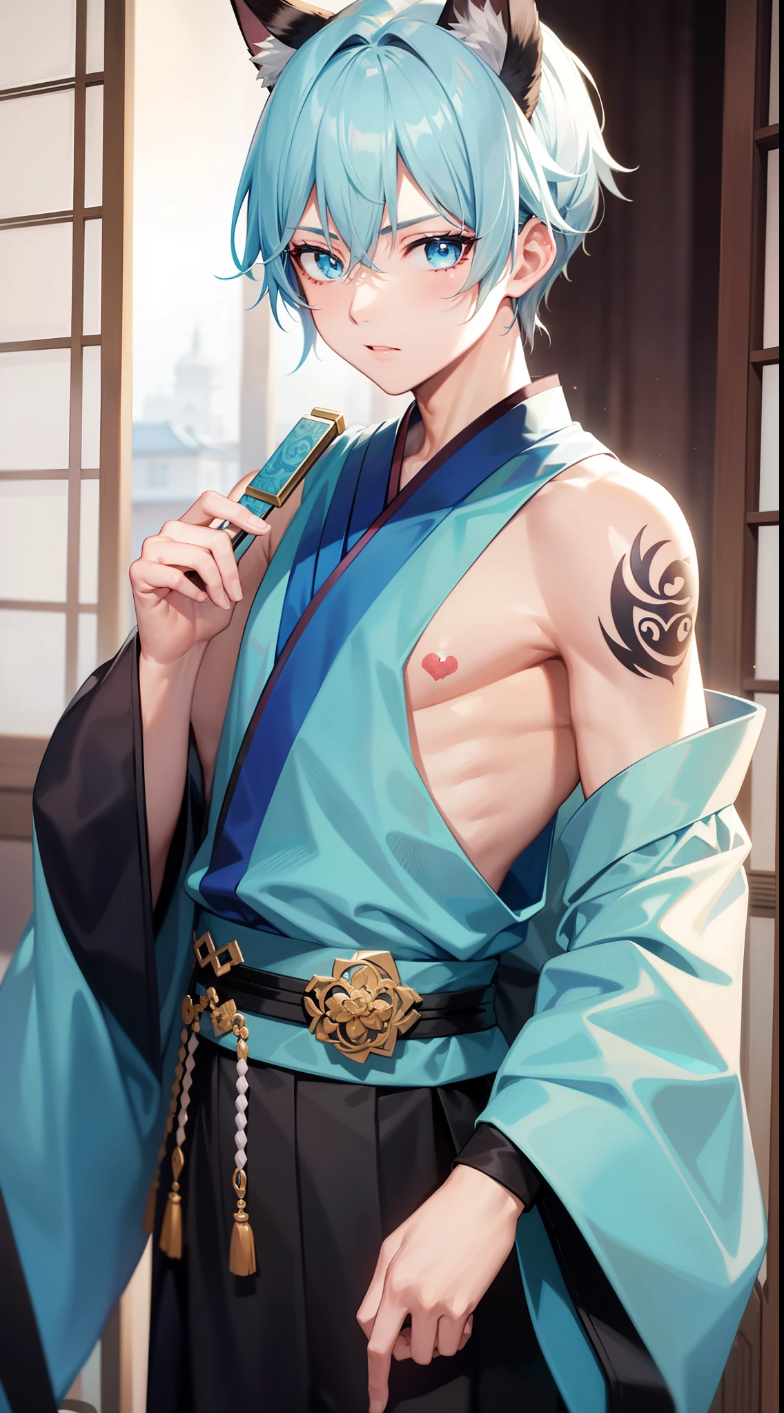 Young guy, short gray hair, high ponytail, Cyan eyes, Cat's ears, Hanfu, Sleeveless, Tatoo, Masterpiece, hiquality