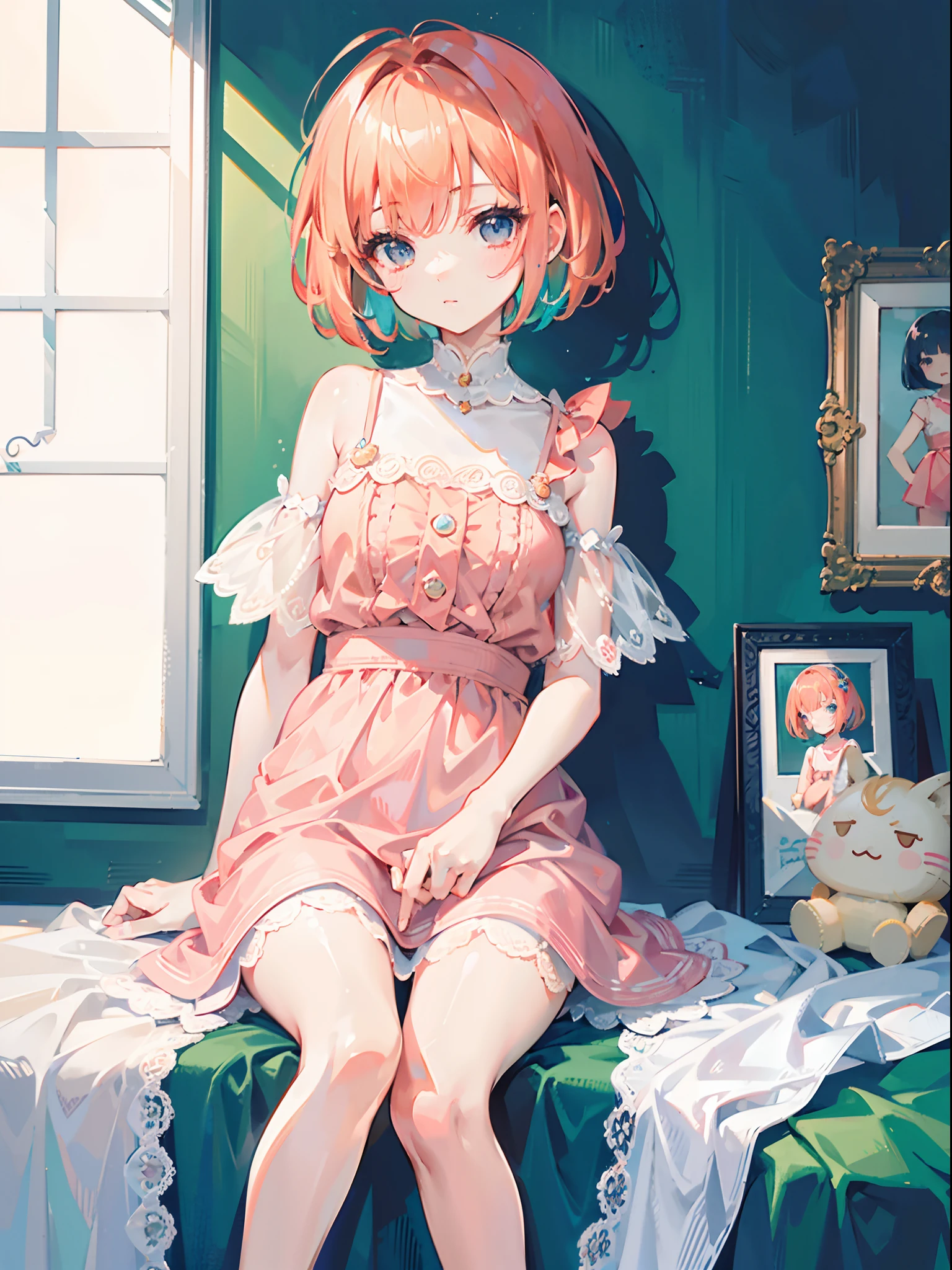one girls, winc, About 10 years old, Close one eye, Peachy Hair, short-hair, bob cuts, colorfull dress, kawaii, with light glowing, Bright effect, hightquality, high-level image quality, delicate illustration, Ultra-delicate,
