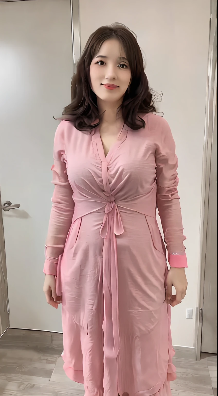 Arad woman in pink dress standing in the room, wearing a pink dress, Wearing a pink dress, Pink dress, wearing flowing dress, wearing a long flowy fabric, opened dress, is wearing dress, full covered dress, dressed in simple robes, full - length view, Wearing a dress, Wearing a long dress, wearing a long flowing robe
