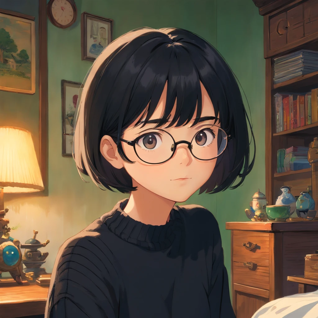 girl, wearing eyeglasses, short black hair, wearing black sweater, at her room