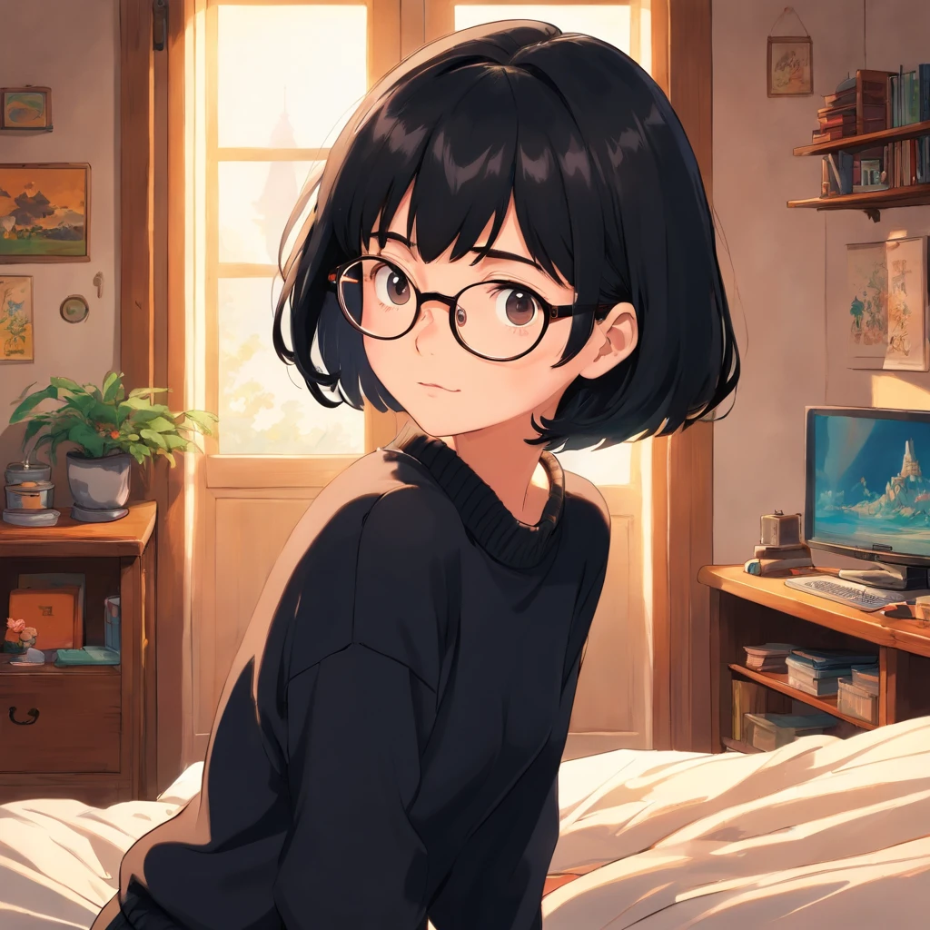 girl, wearing eyeglasses, short black hair, wearing black sweater, at her room
