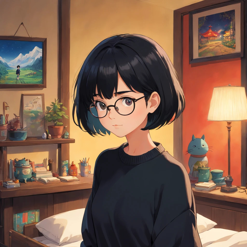 girl, wearing eyeglasses, short black hair, wearing black sweater, at her room