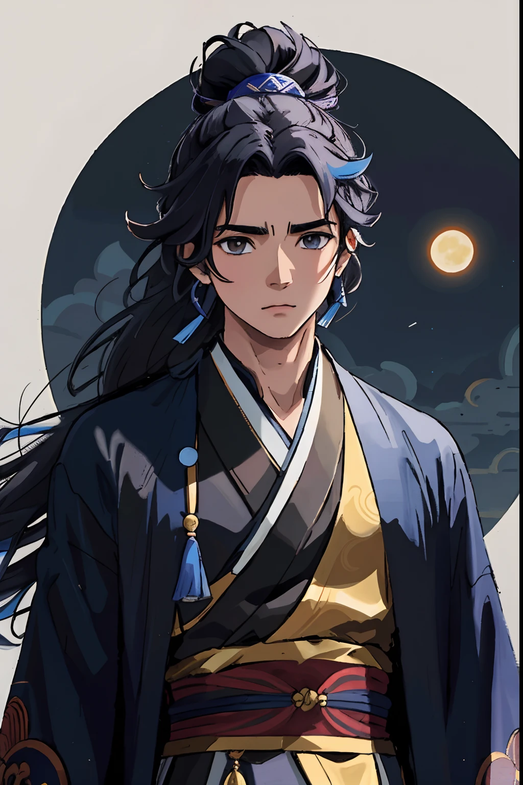 Un primer plano de una persona con cabello largo negro con acentos azules con un kimono negro azul y dorado, Chico guapo en el arte de Demon Slayer, con el sol y la luna atras de el simulando un eclipse inspirado por Zhang Han, inspirado por Guan Daosheng, inspirado por Yang Jin, inspirado por Wu Daozi, inspirado por Cao Zhibai, inspirado por Wu Bin, inspirado por Han Gan, inspirado por Zhu Derun, por Yang J