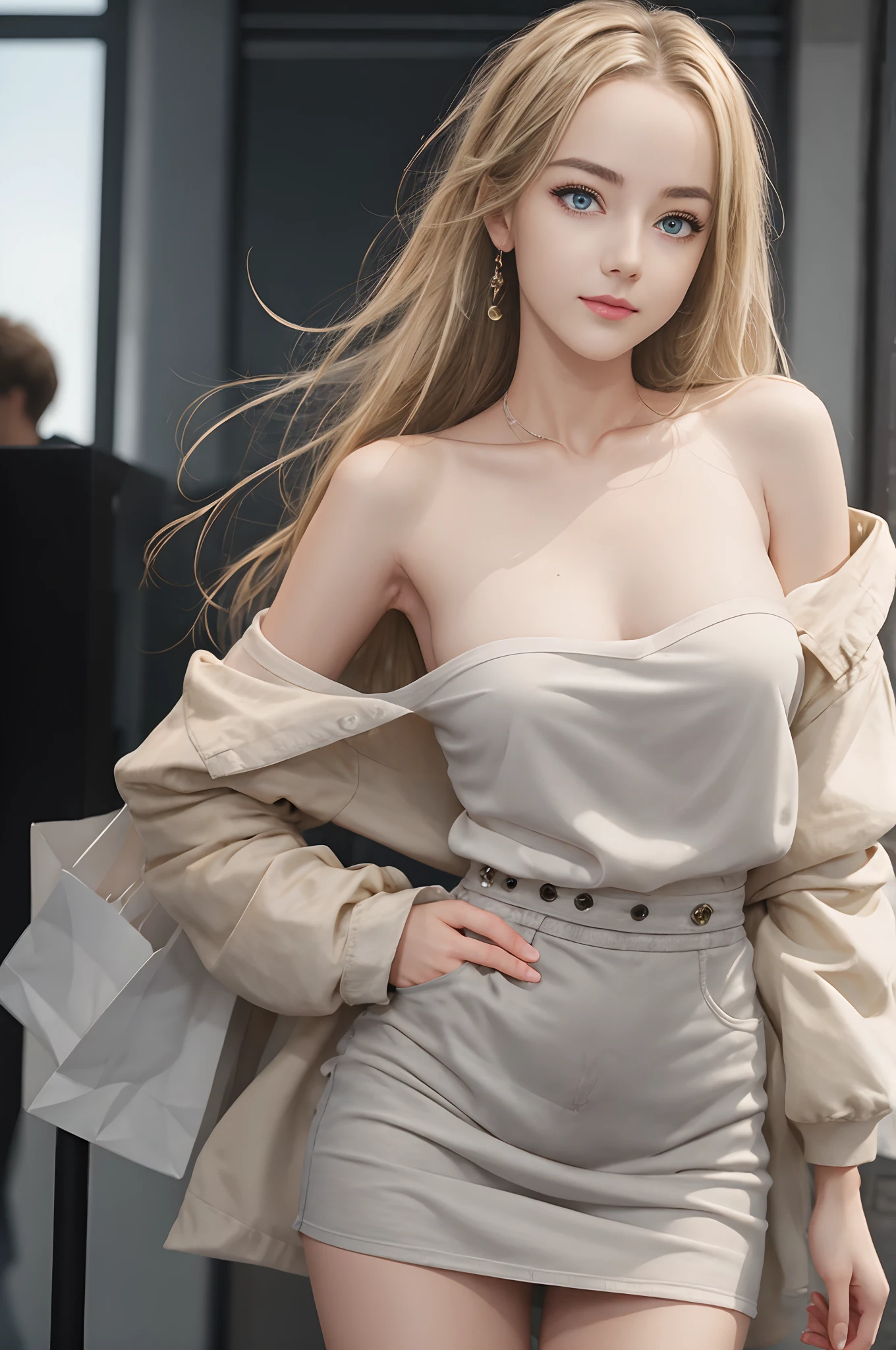 (masterpiece), young girl, shoulder length messy blonde hair, heterochromia brown and grey, happy, shopping, Full body Beautiful anime style girl, sweat legs, clean detailed faces, analogous colors, glowing shadows, beautiful gradient, depth of field, clean image, high quality, high detail, high definition, Luminous Studio graphics engine, cute face, slim waist, nice hips, beach