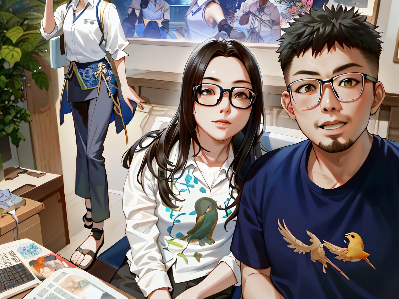 They sat at a table,There is a laptop and a plant on it, Ruan Jia and Fenghua Zhong, Ruan Jia and Artgerm, james jean and fenghua zhong, Artgerm and Ruan Jia, stephen lau and artgerm, nixeu and sakimichan, krenz cushart and wenjun lin