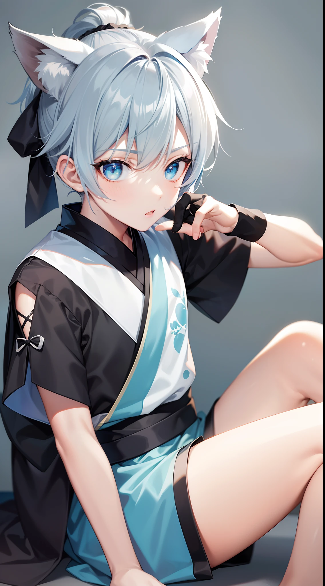Young guy, short gray hair, high ponytail, Cyan eyes, Cat's ears, Hanfu, Sleeveless, Tatoo, Masterpiece, hiquality