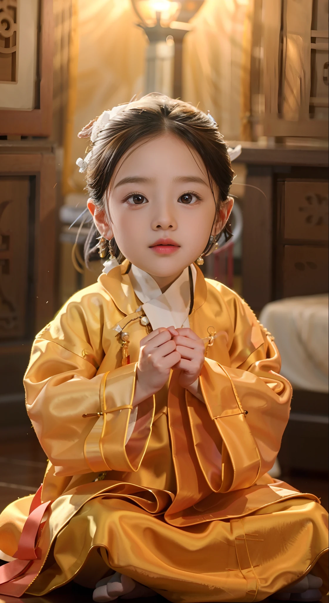 Close-up of a  in a yellow robe sitting on the floor, Palace ， A girl in Hanfu, with yellow cloths, dressed in simple robes, Yellow robe, young goddess, yellow robes, Traditional Chinese clothing, orange robe, Wearing ancient Chinese clothes, Chinese costume, Hanfu, Chinese girl, flowing hair and long robes, Young Asian girl, Cute and lovely