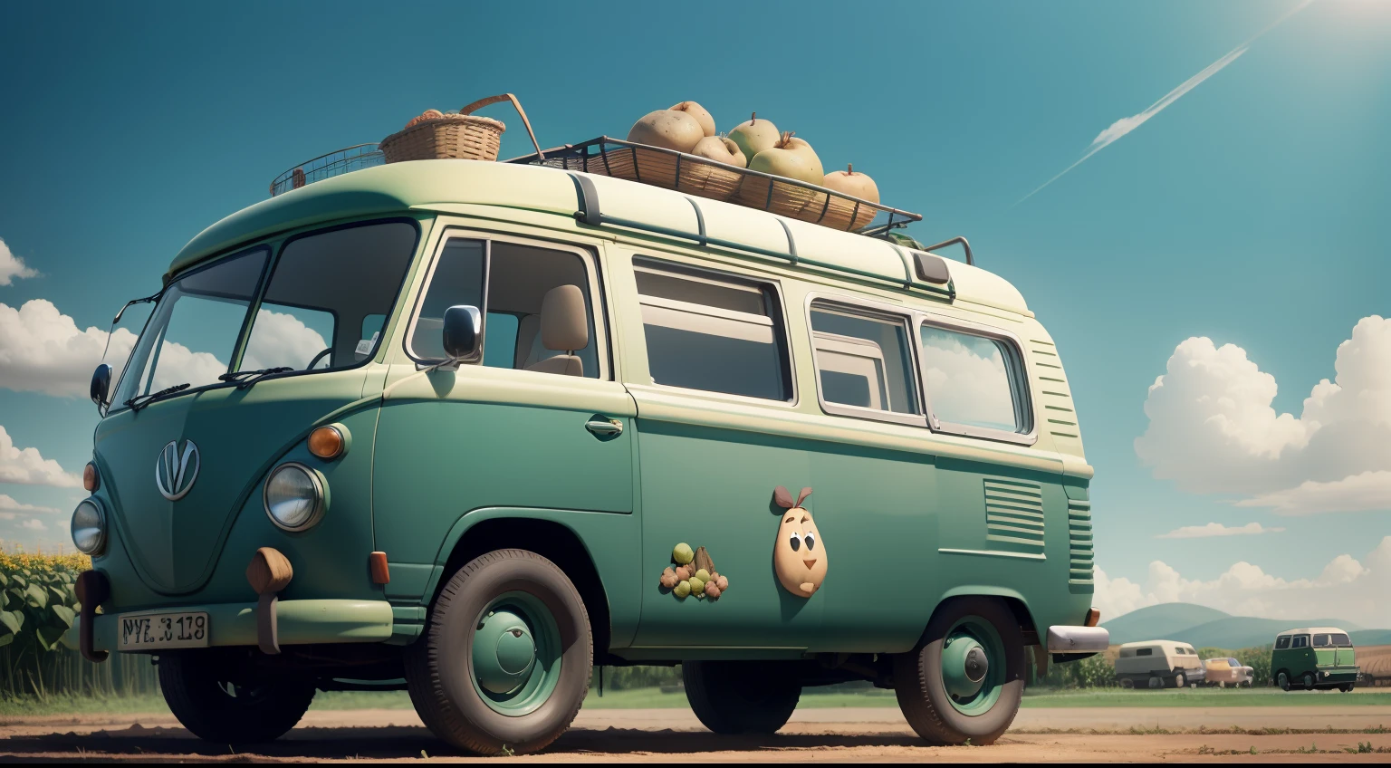 green car Kombi style van  running in a potato field, pixar disney cartoon syle