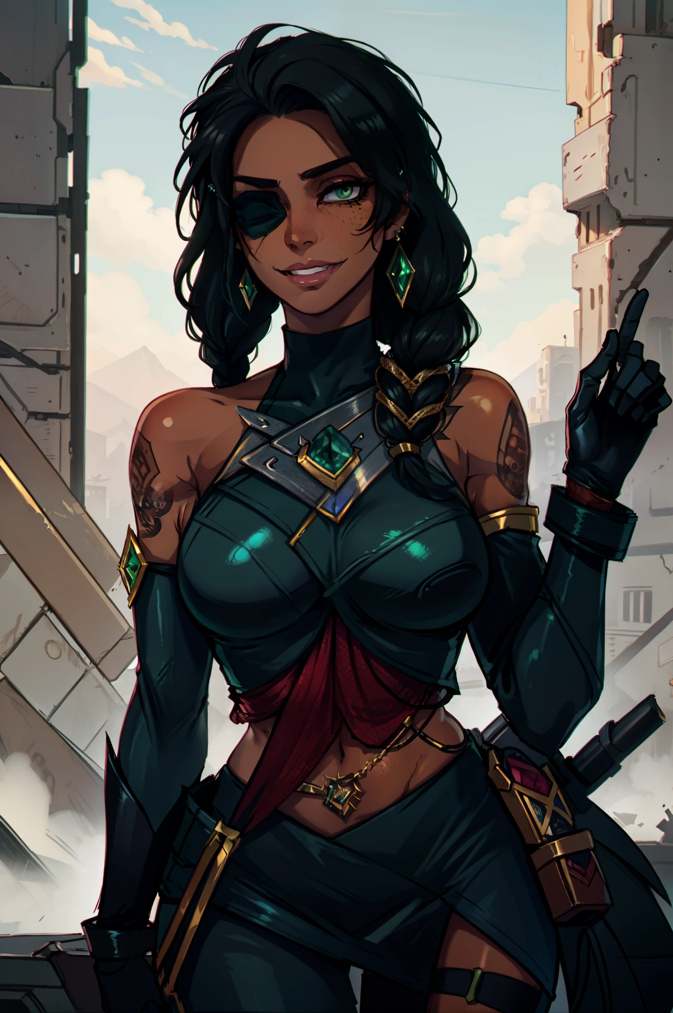 Desert,, samira \(league of legends\), league of legends, 1girl, jewelry, tattoo, eyepatch, earrings, green eyes, braid, long hair, dark skin, gloves, armor, navel, bracelet, lips, hair over shoulder, smile, looking at viewer, arm tattoo, mole, mole above mouth, black clothes, black hair, red clothes details, master piece, best quality, portrait close up face, beautiful