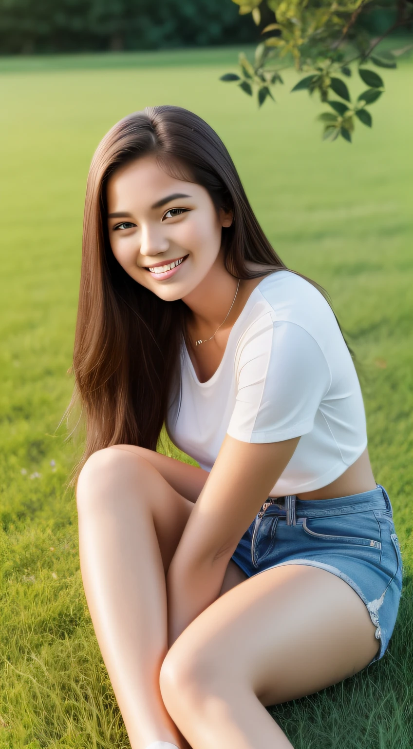 realistic, young 22-year-old girl sitting on the grass looking at the camera and smiling.