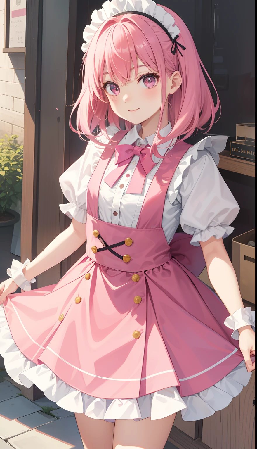1girl in、AS-Adult、A smile、The shirt、skirt by the、Pink costume、(small tits)、doress、pinafore、hair adornments、A pink-haired、(Maids)、Upper body portrait、