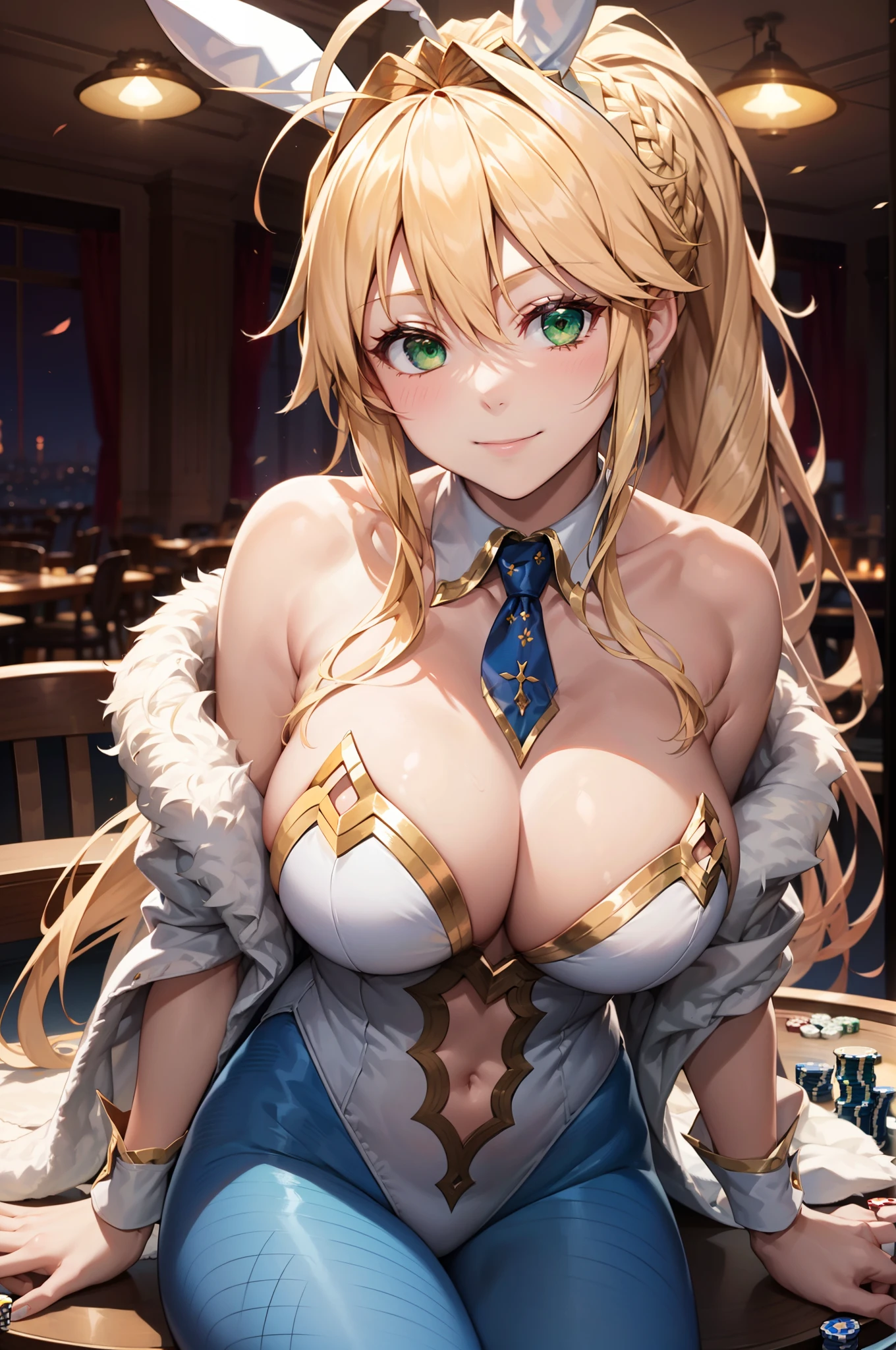 bunnyArtoria hairstyle, outfit-bunnyArtoria, 1girl, blonde hair, green eyes, looking at viewer, breasts, long hair, ponytail, poker chip, braid, hair between eyes, table, bangs, sidelocks, large breasts, french braid, bare shoulders, ahoge, smile, tiara,