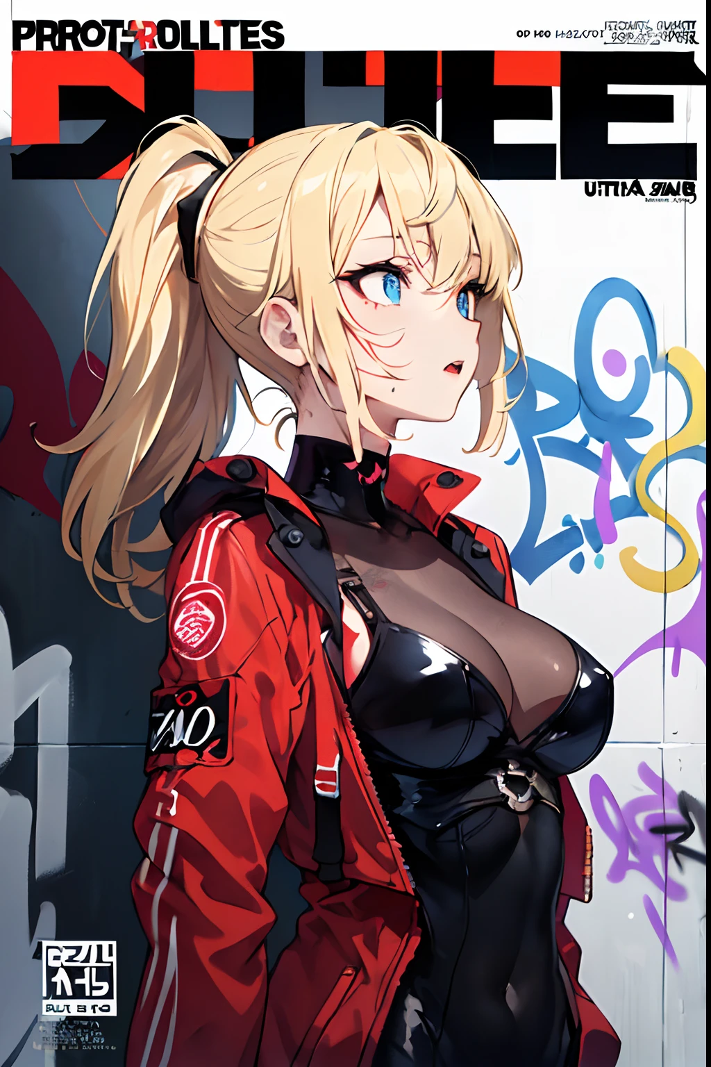 (masuter piece,Best Quality,Ultra-detailed), (A detailed face), (front-facing view), Young Girl, Blonde long hair, High Ponytail, (graffiti wall:1.2), 1lady, body suit, Black and red jacket, blue eyess, full bodyesbian, (magazine:1.3), (cover-style:1.3)