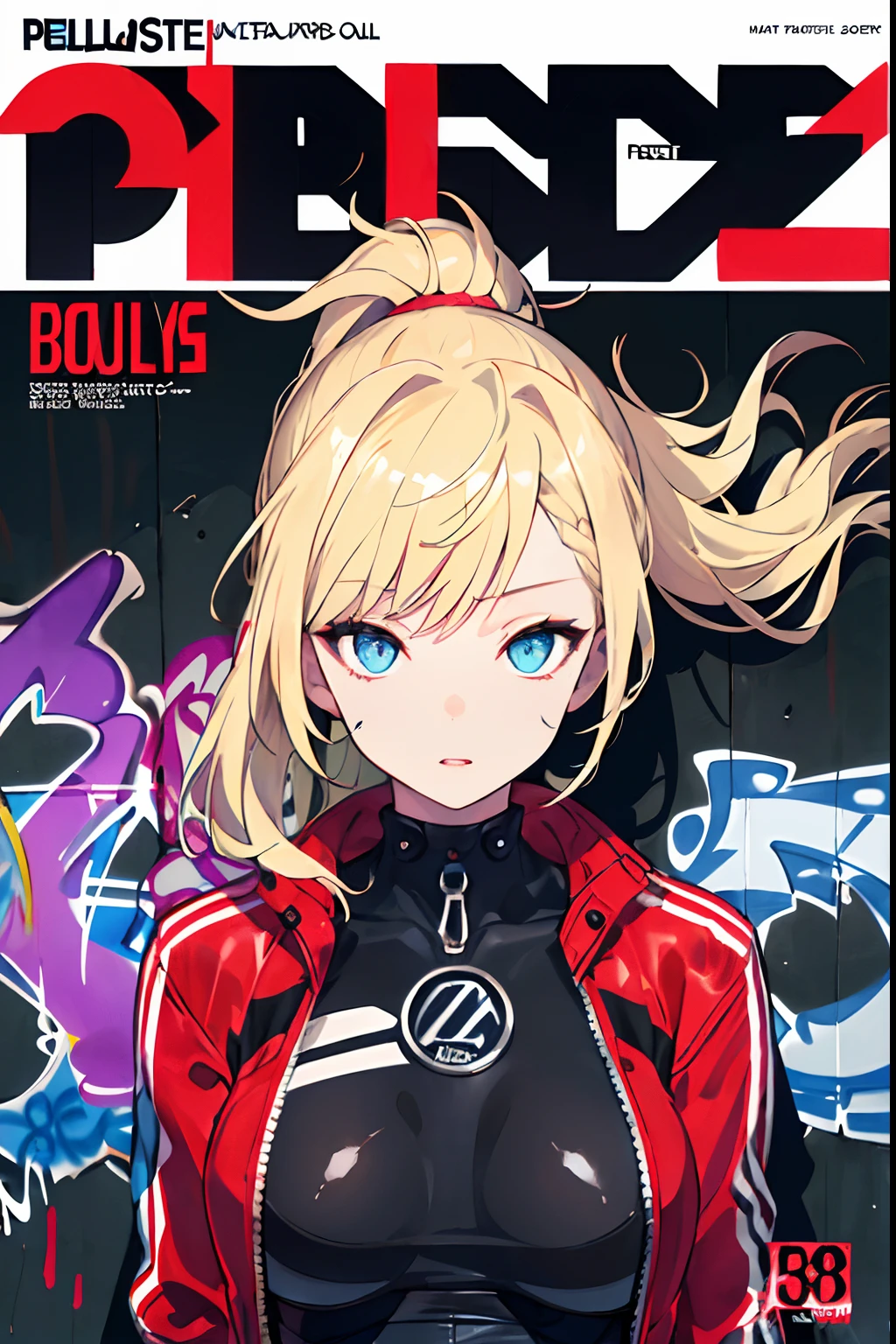 (masuter piece,Best Quality,Ultra-detailed), (A detailed face), (front-facing view), Young Girl, Blonde long hair, High Ponytail, (graffiti wall:1.2), 1lady, body suit, Black and red jacket, blue eyess, full bodyesbian, (magazine:1.3), (cover-style:1.3)