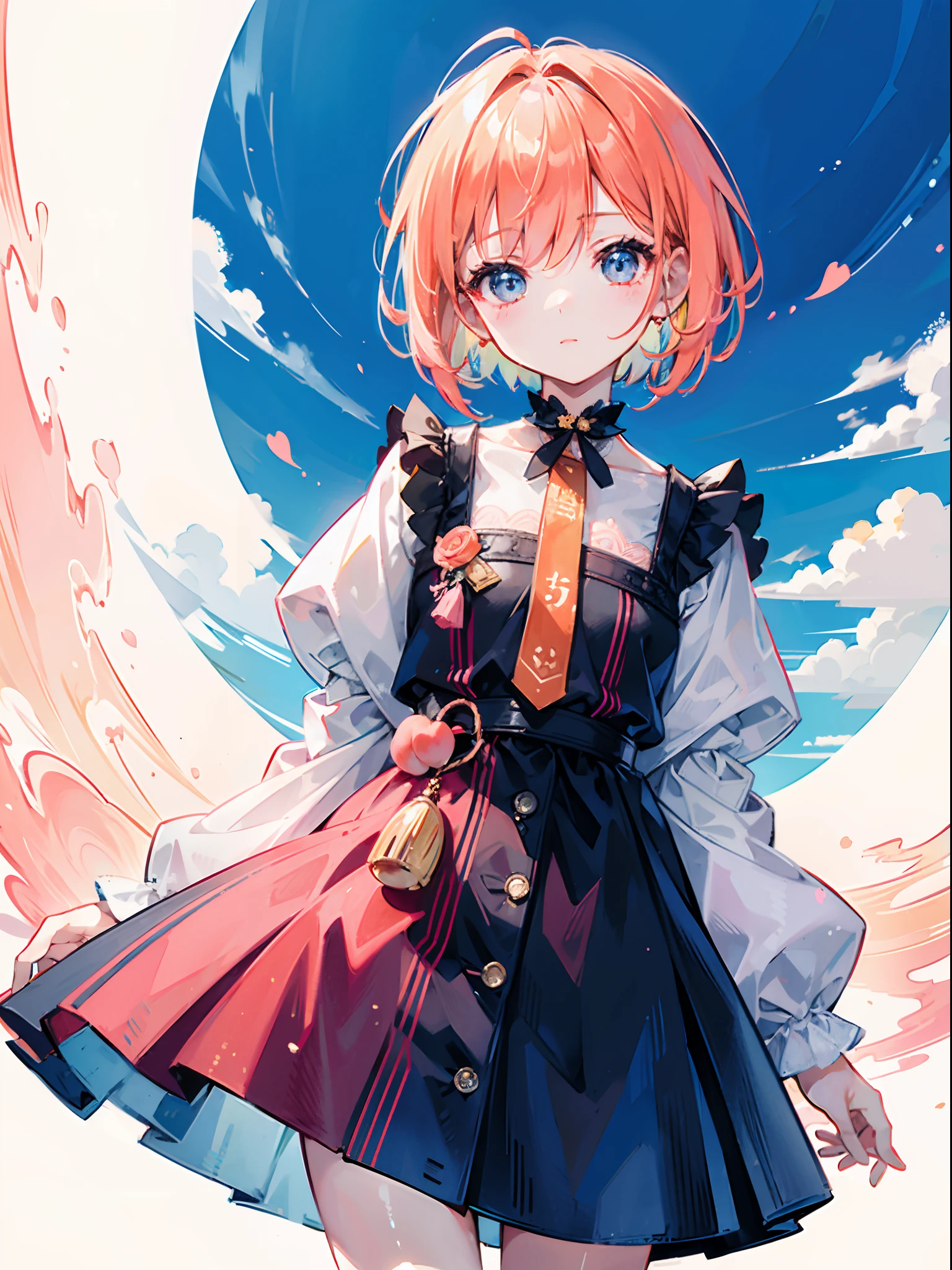 one girls, winc, About 10 years old, Close one eye, Peachy Hair, short-hair, bob cuts, colorfull dress, kawaii, with light glowing, Bright effect, hightquality, high-level image quality, delicate illustration, Ultra-delicate,