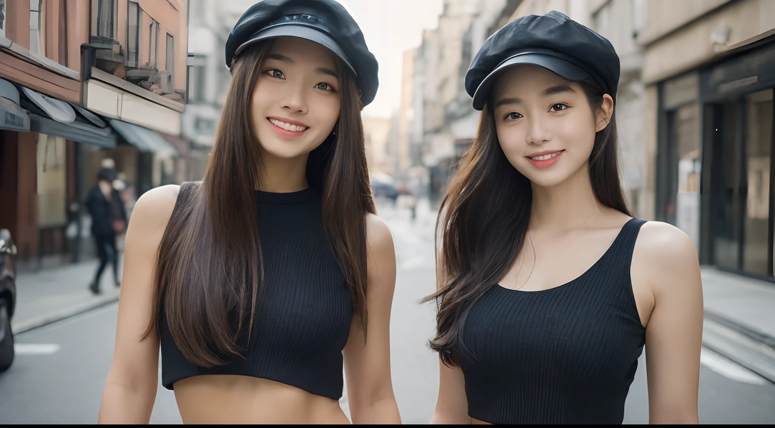 ((Best Quality, 8K, masutepiece: 1.3)), (Newsboy Hat: 1.3), Focus: 1.2, Perfect Body Beauty: 1.4, Buttocks: 1.2, (Longhaire: 1.2)), (Dark Street: 1.3), Highly detailed face and skin texture, Full body, Fine eyes, Double eyelids, Whitened skin, Long hair, (Round face: 1.5), (Loose crop top, Shorts: 1.6)、Smile with closed mouth
