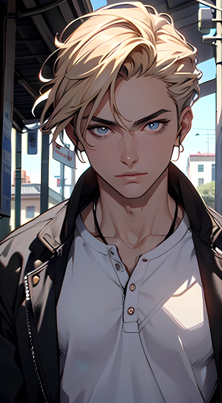 4K, high resolution, Best quality, Masterpiece, perfect colors, perfectly shaded, Perfect lighting, posted on e621, (by Chunie), anthro, ((Portrait)), ((Handsome man)), perfect male figure, short detailed hair,Wear men's shorts,Abs,musculature,Detailed face, Perfect face, (The stands up), Detailed background, ((Bonifasko lighting)), (Detailed eyes), perfect pupils,suntanned skin