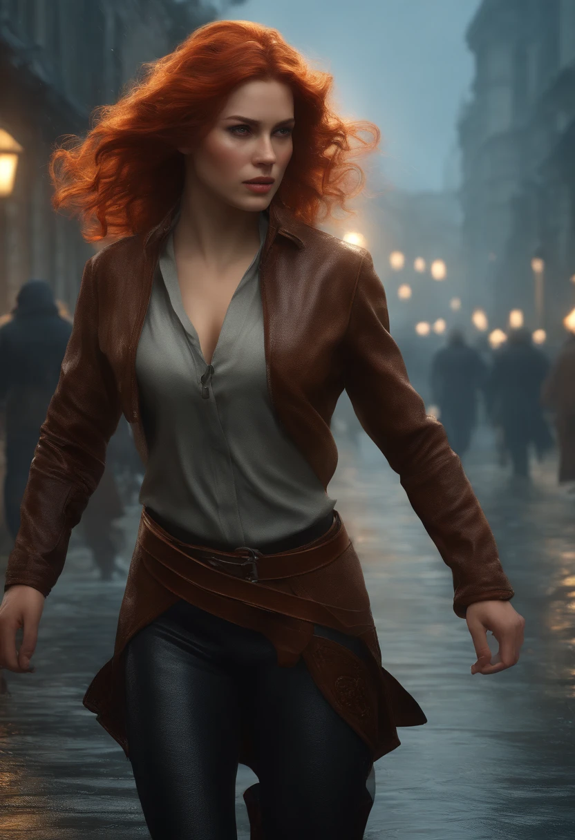using (roleplaying:1.4), (professional 3d render:1.3) af (Realistic:1.3) The most beautiful artistic photo in the world,(roleplaying:1.4) soft features, Brilliant female heroes, ((Epic hero rough fantasy half-muscular woman wet heroine angrily looking at long hair, Intense expression of redhead and dynamic pose, Fantastic location, Majestic and cluttered environment)), Full body 8K unit rendering, action shot, skin pore, very dark lighting, heavy shading, A detailed, Detal Face, (vibration, Realistic photography, Realistic, Dramatic, darkly, foco nítido, 8K), (Old leather clothing damaged due to bad weather:1.4), ((((Use skins)))), (复杂:1.4), decadent, (highly detailed:1.4), digitial painting, rendering by octane, art stations, concept-art, Liso, foco nítido, illustration, From the germ of art, (loish:0.23), wlop ilya kuvshinov, e Greg Rutkowski e Alphonse Mucha Gracias, (global ilumination, studiolight, Light volume), very heavy rain, Floating particles, lotr, fanciful, biz, Inteiroesbian body, ((Dark and ancient city background:1.3)),CGSesocieda,art stations