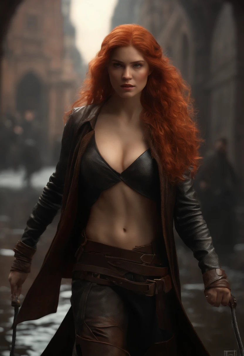 using (roleplaying:1.4), (professional 3d render:1.3) af (Realistic:1.3) The most beautiful artistic photo in the world,(roleplaying:1.4) soft features, Brilliant female heroes, ((Epic hero rough fantasy half-muscular woman wet heroine angrily looking at long hair, Intense expression of redhead and dynamic pose, Fantastic location, Majestic and cluttered environment)), Full body 8K unit rendering, action shot, skin pore, very dark lighting, heavy shading, A detailed, Detal Face, (vibration, Realistic photography, Realistic, Dramatic, darkly, foco nítido, 8K), (Old leather clothing damaged due to bad weather:1.4), ((((Use skins)))), (复杂:1.4), decadent, (highly detailed:1.4), digitial painting, rendering by octane, art stations, concept-art, Liso, foco nítido, illustration, From the germ of art, (loish:0.23), wlop ilya kuvshinov, e Greg Rutkowski e Alphonse Mucha Gracias, (global ilumination, studiolight, Light volume), very heavy rain, Floating particles, lotr, fanciful, biz, Inteiroesbian body, ((Dark and ancient city background:1.3)),CGSesocieda,art stations
