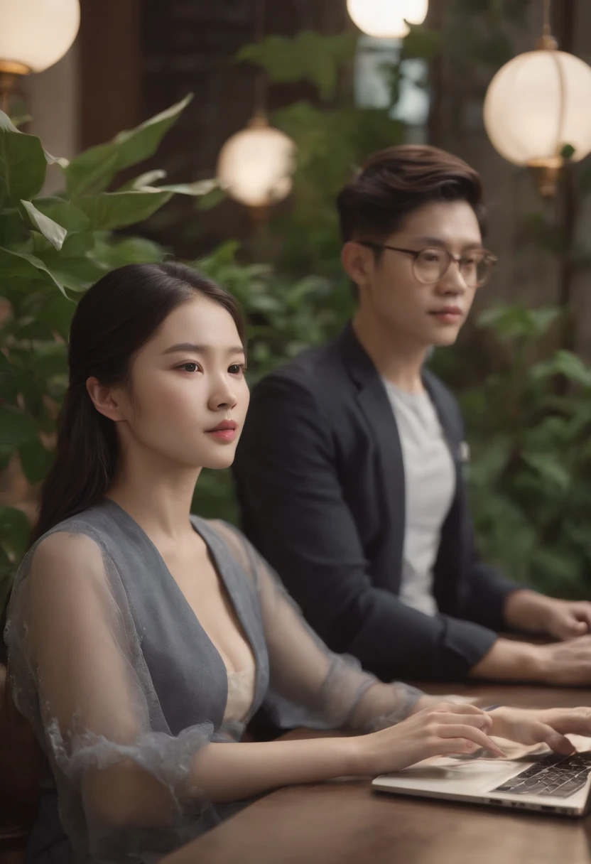 They sat at a table，There is a laptop and a plant on it, Ruan Jia and Fenghua Zhong, Ruan Jia and Artgerm, james jean and fenghua zhong, Artgerm and Ruan Jia, stephen lau and artgerm, nixeu and sakimichan, krenz cushart and wenjun lin