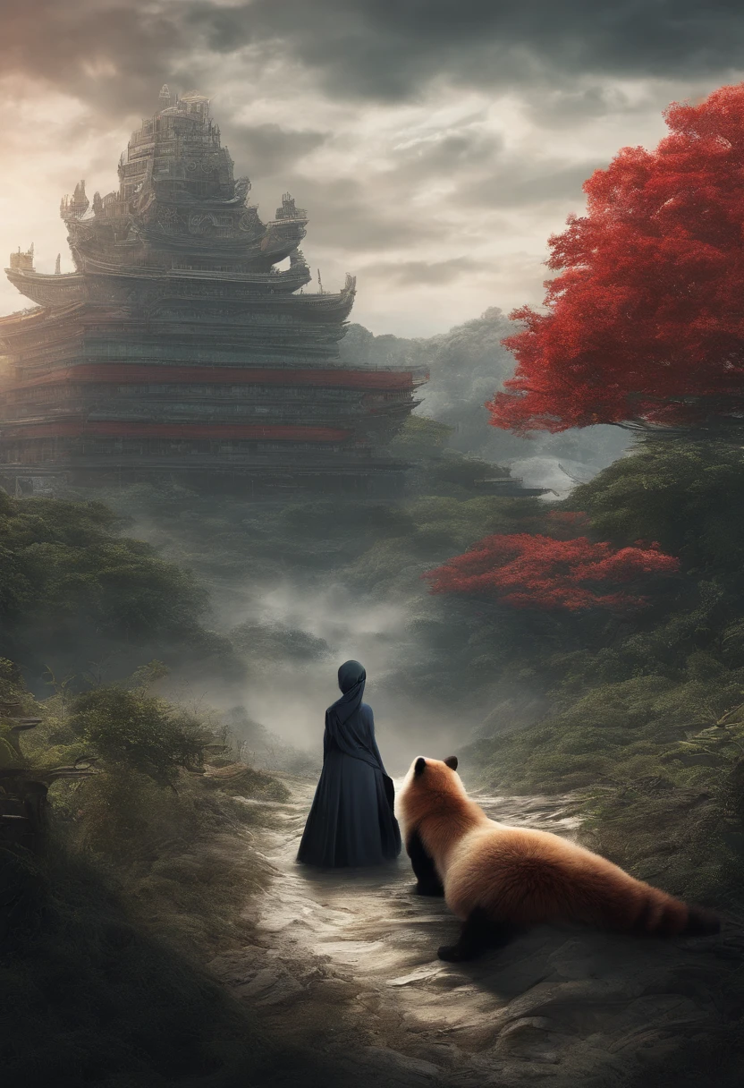 Compose a captivating and realistic photograph that blends the traditional beauty of a Malay girl in a hijab with the enchantment of a fantasy world. Transport your subject and the giant red panda into a magical realm filled with lush, otherworldly landscapes, surreal creatures, and vibrant colors. Create a scene that conveys a sense of wonder and harmony between the girl and her fantastical companion, evoking the idea of a unique and heartwarming connection between two worlds