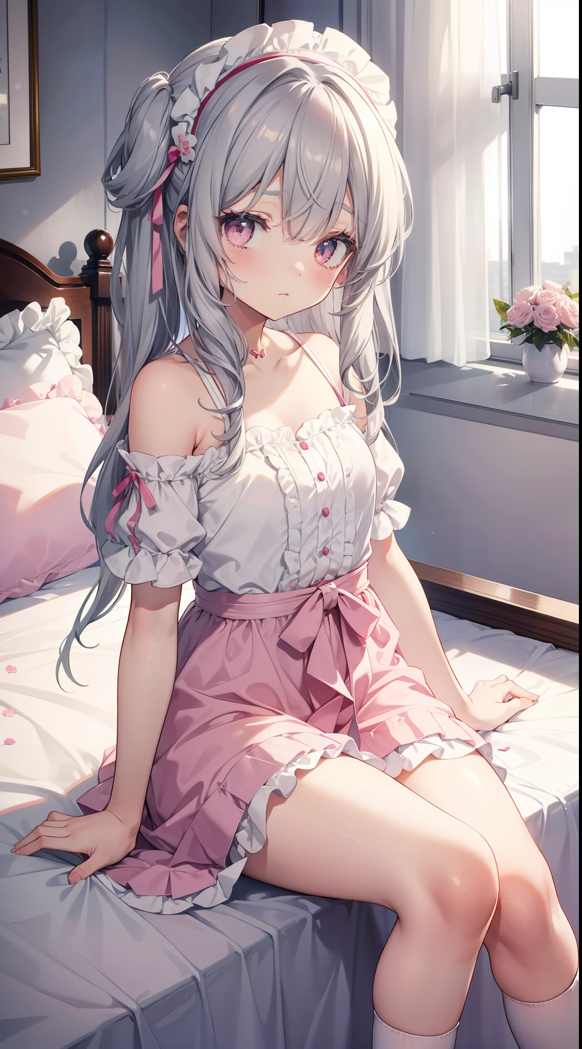 Cute gray hair ,Lolind dressed in white silk,Sitting at the bedside,Pink panties are visible