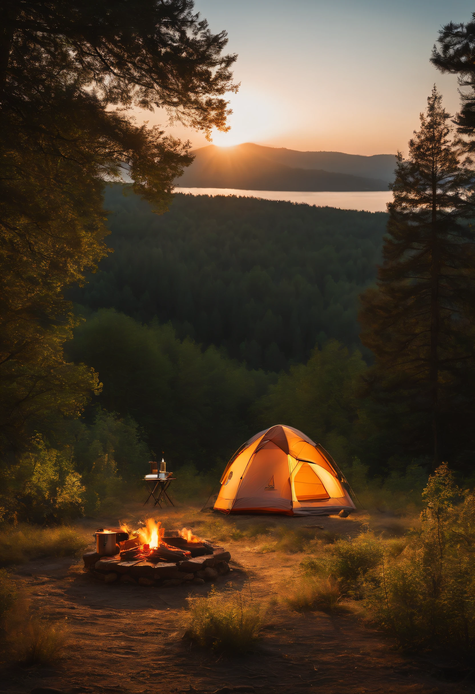 camping, forest, barbecue, Time of Day: afternoon Camera: DSLR Lens: Standard zoom lens