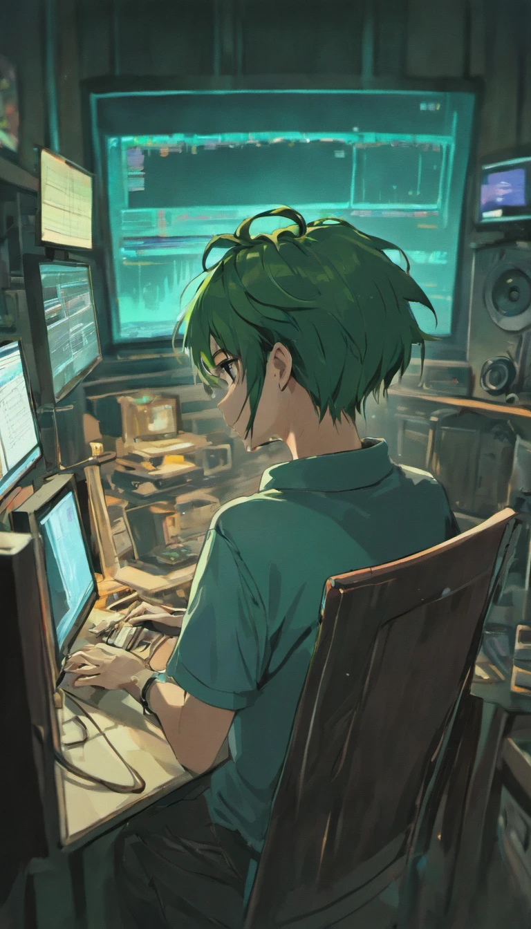 Making rap beats in a home studio, Tenho pouco equipamento, The camera in the back of the room photographed me on my back, I was facing the monitors and I have my head down, Listening to the music;, usando uma camisa preta