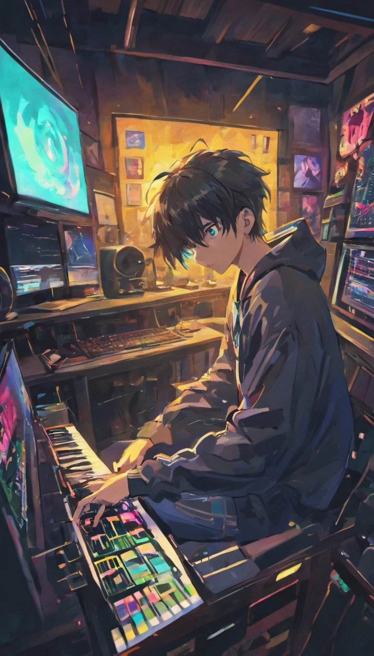 Making rap beats in a home studio, Tenho pouco equipamento, The camera in the back of the room photographed me on my back, I was facing the monitors and I have my head down, Listening to the music;, usando uma camisa preta