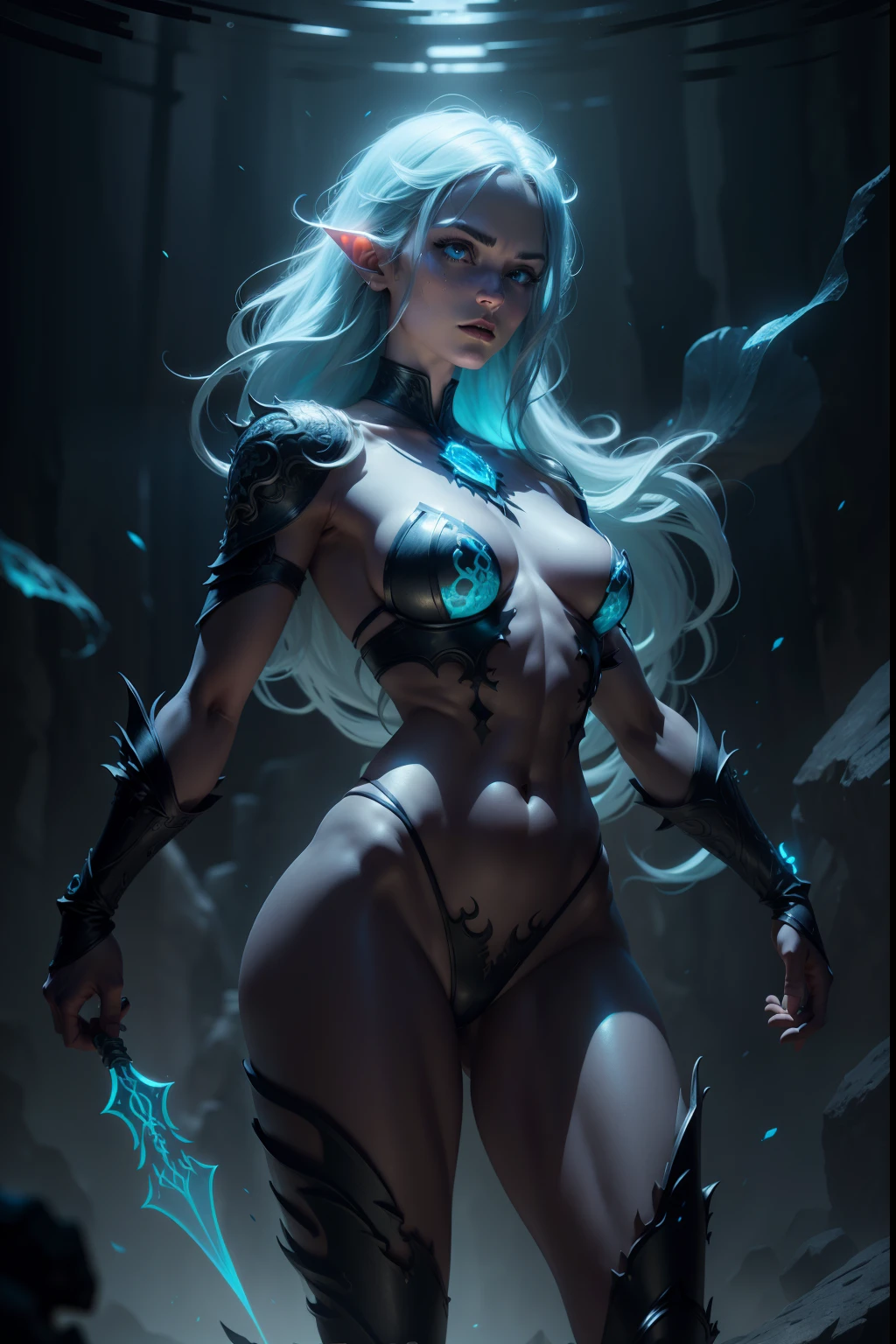 one woman dungeons and dragons, bioluminescent energy around the body, magic channeling pose, thin muscles, DnD, in the style of realistic and hyper detailed renderings, dungeons and dragons, 8k, detailed eyes, perfect eyes, epic, dramatic, fantastic , full body, intricate design and details, dramatic lighting, hyperrealism, photorealistic, cinematic, 8k, detailed face, dramatic shot, epic shot, full body.