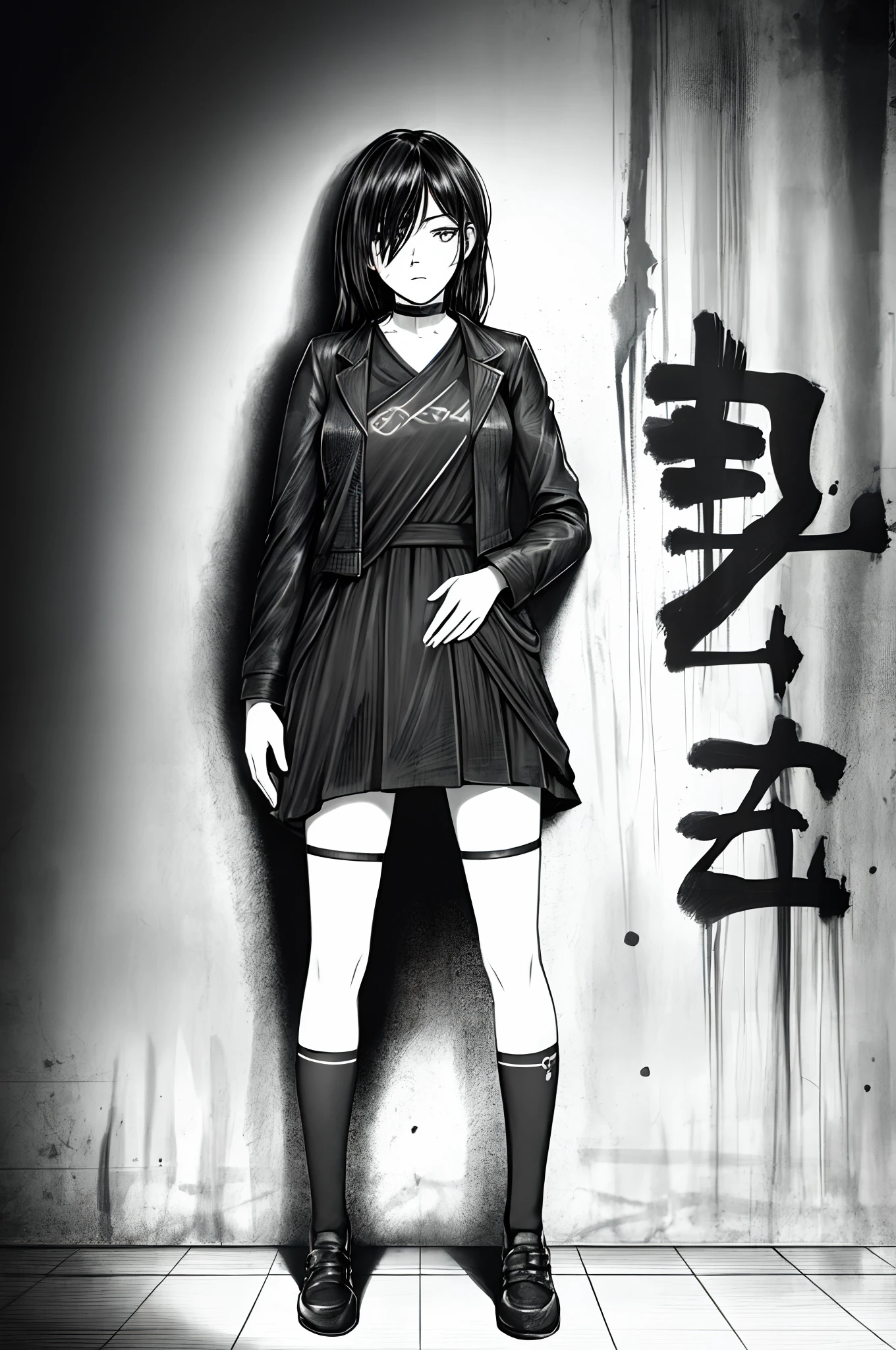 best quality, intricate details, lineart, monochrome,

1girl, long hair, black hair, messy hair, hair over one eye, sharp eyes, 

choker, shirt, torn legwear, open jacket, 

against wall, brick wall, graffiti, dim lighting, alley