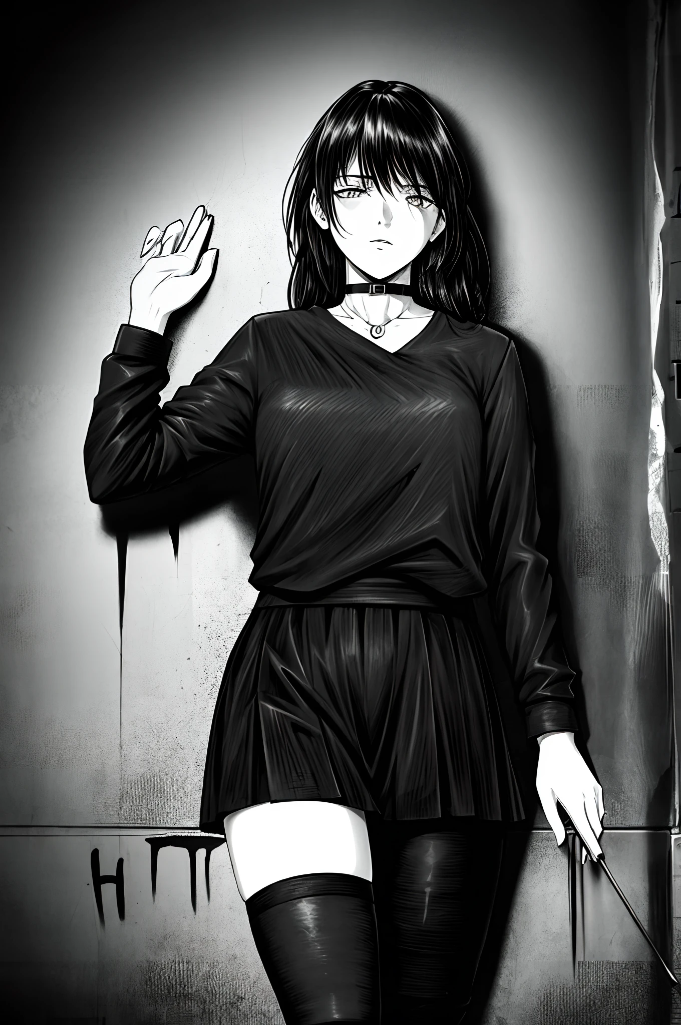 best quality, intricate details, lineart, monochrome,

1girl, long hair, black hair, messy hair, hair over one eye, sharp eyes, 

choker, shirt, torn legwear, open jacket, 

against wall, brick wall, graffiti, dim lighting, alley