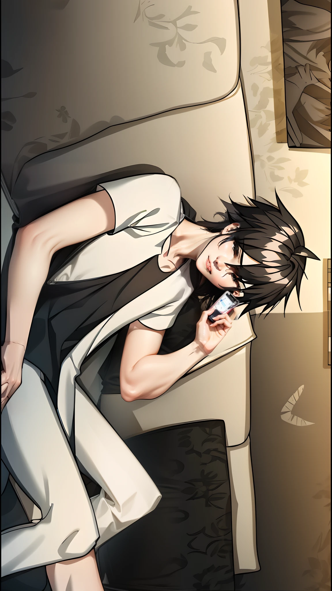 a grinning man, smoking cigarette, white short-sleeved t-shirt, black pants, black hair, sitting on sofa, legs raised on table, cigarette ashtray filled with cigarettes, photorealistic, 8k, highly detailed, studio lighting, cinematic atmosphere, warm lighting, contrasty, dynamic angle, dramatic pose