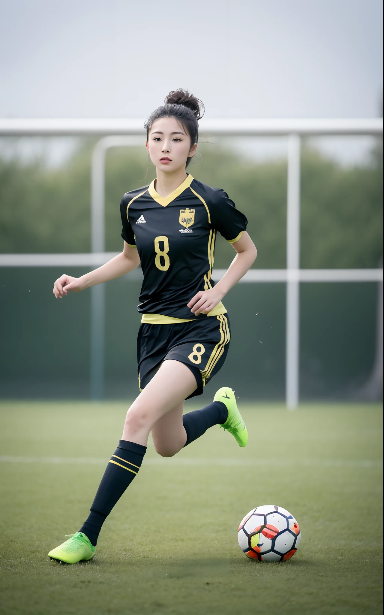 (8K,RAW photos,best qualtiy,tmasterpiece:1.2),(realisticlying,realisticlying:1.37),(Football goalkeeper:1.4),Beautiful Chinese woman,1人,1 football,The football goal is the background