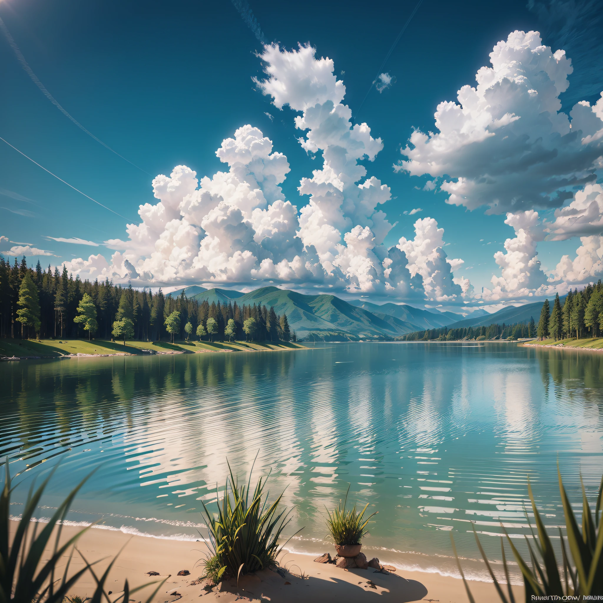 夏天, grassy fields, Some small flowers, Clear lake water,The shore of the lake is wide,There are some trees by the lake,a paradise, Large clouds, blue-sky, scorching weather, high definition detail, wet watermarks, Hyper-detailing, the soft light, Deep field focus bokeh, The vista is the mountains, Ray traching, ultra-realistic realism, 4K