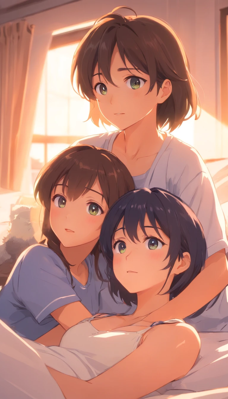 onbed,tmasterpiece,best qualtiy,cinematic Film still from,1girl and 1boy,closeup cleavage,brightly,cheerfulness,Warm and soft lighting,