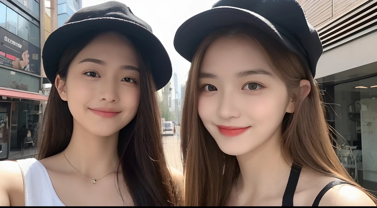 ((Best Quality, 8K, masutepiece: 1.3)), (Newsboy Hat: 1.3), Focus: 1.2, Perfect Body Beauty: 1.4, Buttocks: 1.2, (Longhaire: 1.2)), (Dark Street: 1.3), Highly detailed face and skin texture, Full body, Fine eyes, Double eyelids, Whitened skin, Long hair, (Round face: 1.5), (Loose crop top, Shorts: 1.6)、Smile with closed mouth