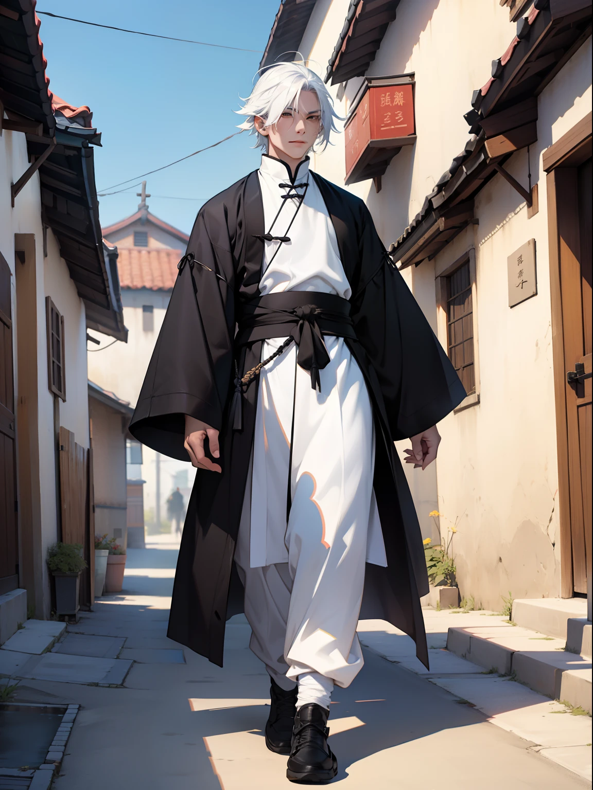 In the daytime,Blackn clothes,Douluo Continent costume,White color hair,In the village,