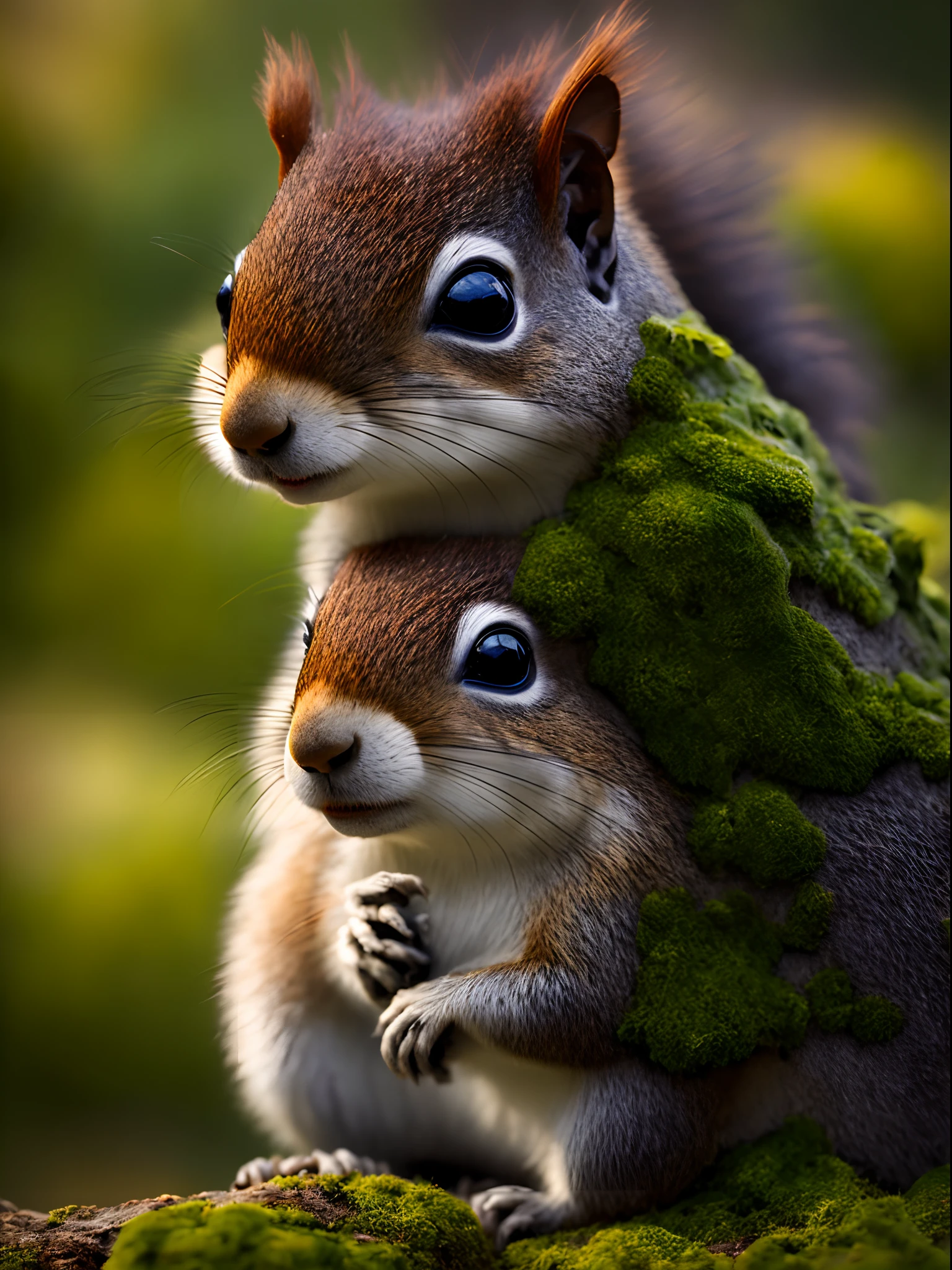 A squirrel,stump,adolable,fluffly,realisticlying,Soft light,Mossy,Face the lens,reality,offcial art,8K quality,Super detail,fine detail skin,Big Mimi,Masterpiece,Best picture quality