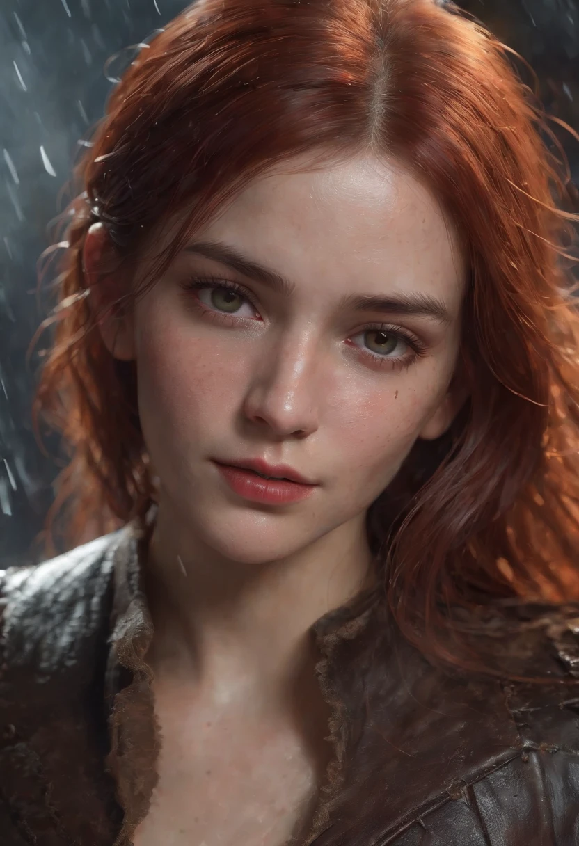 using (roleplaying:1.4), (professional 3d render:1.3) af (Realistic:1.3) The most beautiful artistic photo in the world,(roleplaying:1.4) soft features, Brilliant female heroes, ((Epic hero rough fantasy half-muscular woman wet heroine angrily looking at long hair, Intense expression of redhead and dynamic pose, Fantastic location, Majestic and cluttered environment)), Full body 8K unit rendering, action shot, skin pore, very dark lighting, heavy shading, A detailed, Detal Face, (vibration, Realistic photography, Realistic, Dramatic, darkly, foco nítido, 8K), (Old leather clothing damaged due to bad weather:1.4), ((((Use skins)))), (复杂:1.4), decadent, (highly detailed:1.4), digitial painting, rendering by octane, art stations, concept-art, Liso, foco nítido, illustration, From the germ of art, (loish:0.23), wlop ilya kuvshinov, e Greg Rutkowski e Alphonse Mucha Gracias, (global ilumination, studiolight, Light volume), very heavy rain, Floating particles, lotr, fanciful, biz, Inteiroesbian body, ((Dark and ancient city background:1.3)),CGSesocieda,art stations