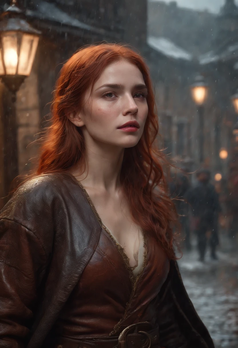 using (roleplaying:1.4), (professional 3d render:1.3) af (Realistic:1.3) The most beautiful artistic photo in the world，(roleplaying:1.4) soft features, Brilliant female heroes, ((Epic hero rough fantasy half-muscular woman wet heroine angrily looking at long hair, Intense expression of redhead and dynamic pose, Fantastic location, Majestic and cluttered environment)), Full body 8K unit rendering, action  shot, skin pore, very dark lighting, heavy shading, A detailed, Detal Face, (vibration, Realistic photography, Realistic, Dramatic, darkly, foco nítido, 8K), (Old leather clothing damaged due to bad weather:1.4), ((((Use skins)))), (复杂:1.4), decadent, (highly  detailed:1.4), digitial painting, rendering by octane, art  stations, concept-art, Liso, foco nítido, illustration, From the germ of art, (loish:0.23), wlop ilya kuvshinov, e Greg Rutkowski e Alphonse Mucha Gracias, (global ilumination, studiolight, Light volume), very heavy rain, Floating particles, lotr, fanciful, biz, Inteiroesbian body, ((Dark and ancient city background:1.3)),CGSesocieda,art  stations