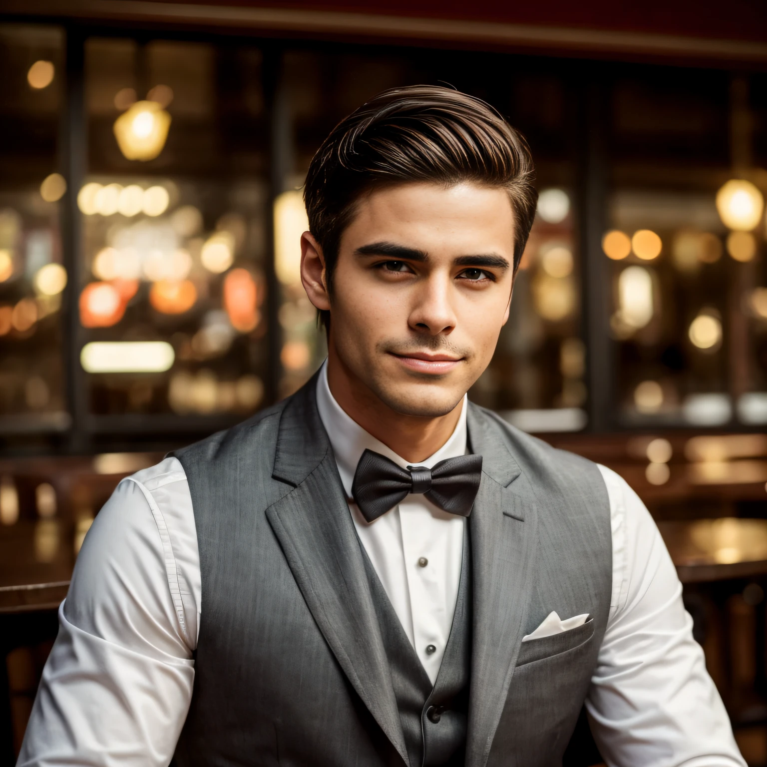 Portrait of A confident-looking Spanish man, 25 years old sitting in a park, with vest jacket, no watch, hazel eyes, smooth face, short hairstyle same as zac efron, cute smile on face, square jaw, dark hair, perfect composition, cafe background, bokeh, hyper-realistic, super detailed, 8k, high quality, trending art, trending on artstation, sharp focus, restaurant photo, intricate details, highly detailed, art by greg rutkowski