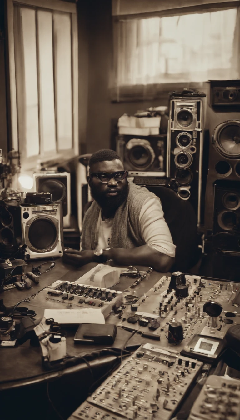 Making rap beats in a home studio, Tenho pouco equipamento, The camera in the back of the room photographed me on my back, I was facing the monitors and I have my head down, Listening to the music;, usando uma camisa preta
