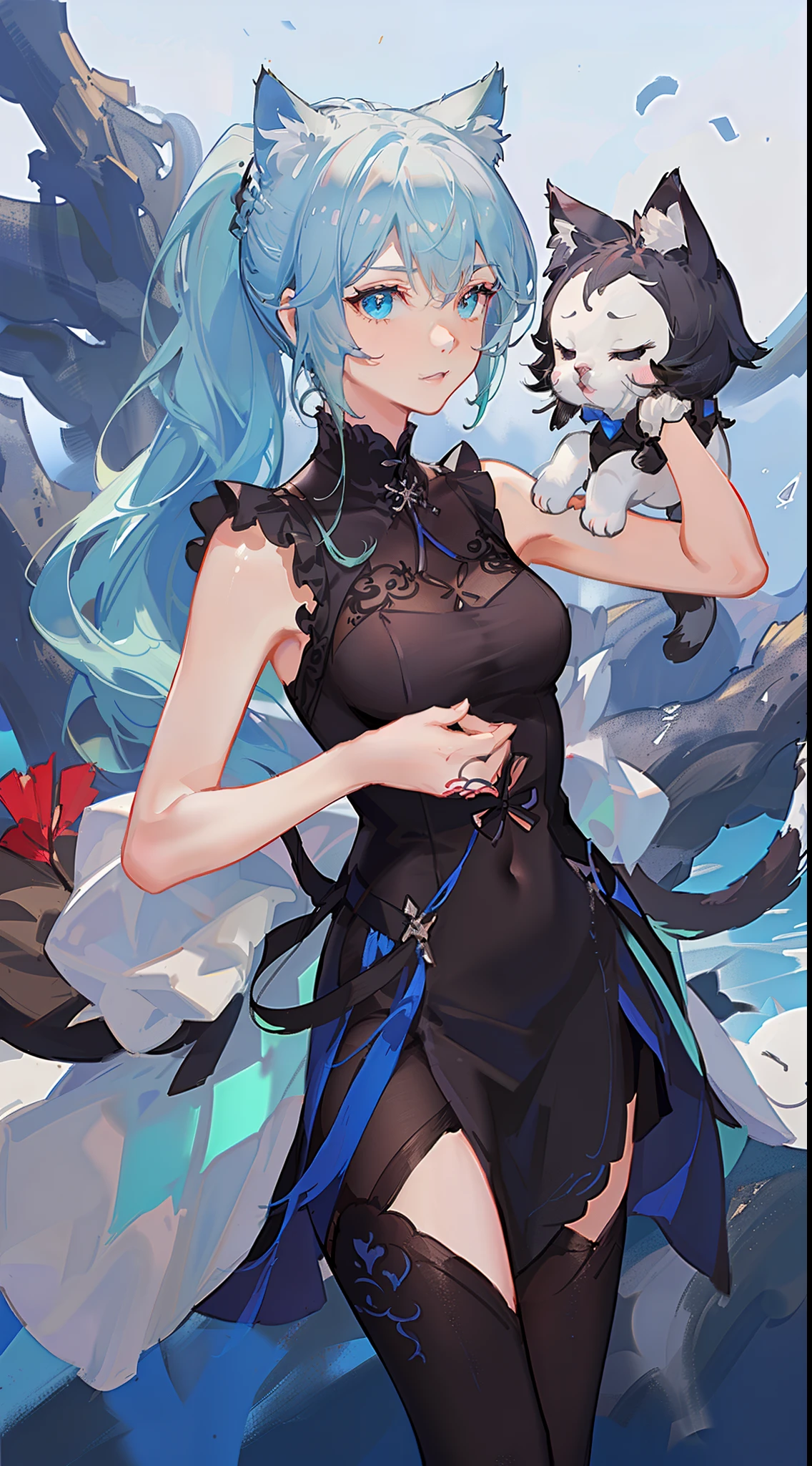 Young guy, short gray hair, high ponytail, Cyan eyes, Cat's ears, Hanfu, Sleeveless, Tatoo, Masterpiece, hiquality