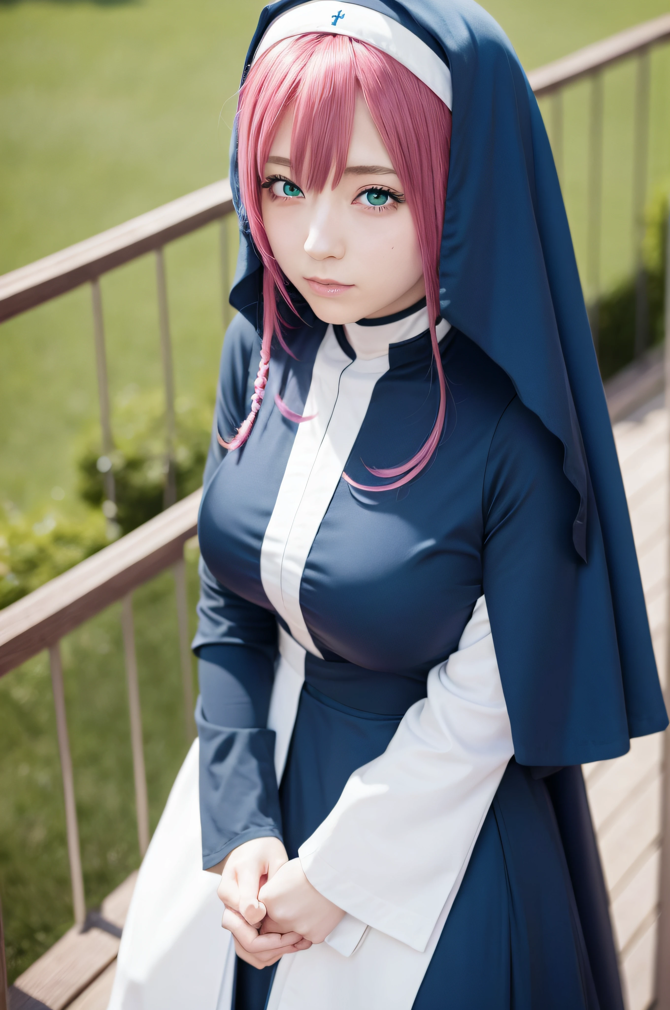 1 anime waifu, pink hair, green eyes, wearing nun  cosplay , hi res, ultra sharp, masterpiece, looking at viewer, 5 fingers per hand