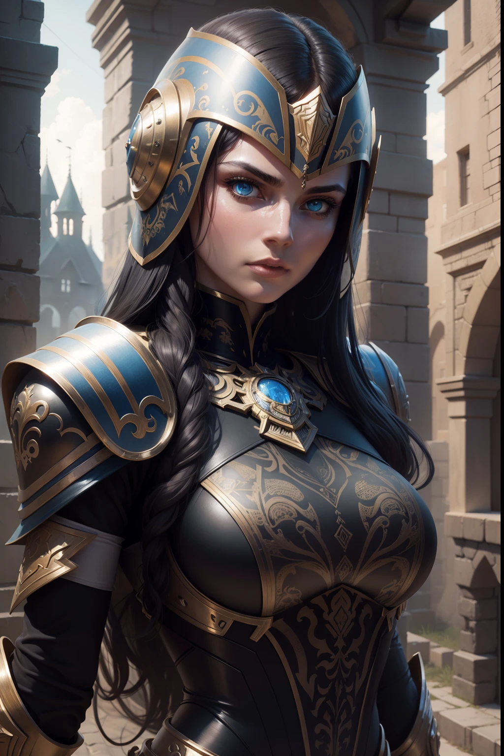 full bodie, Medieval robot, armored, slightly weathered, near a village, blue armor, skull-shaped helmet,realistic, stunning realistic photograph, 3d render, octane render, intricately detailed, cinematic, trending on artstation, Isometric, Centered hipereallistic cover photo, awesome full color, hand drawn, dark, gritty, mucha, klimt, erte 12k, high definition, cinematic, neoprene, behance contest winner, portrait featured on unsplash, stylized digital art, smooth, ultra high definition, 8k, unreal engine 5, ultra sharp focus, intricate artwork masterpiece, ominous, epic, TanvirTamim, trending on artstation, by artgerm, h. r. giger and beksinski, highly detailed, vibrant,long shot foto
