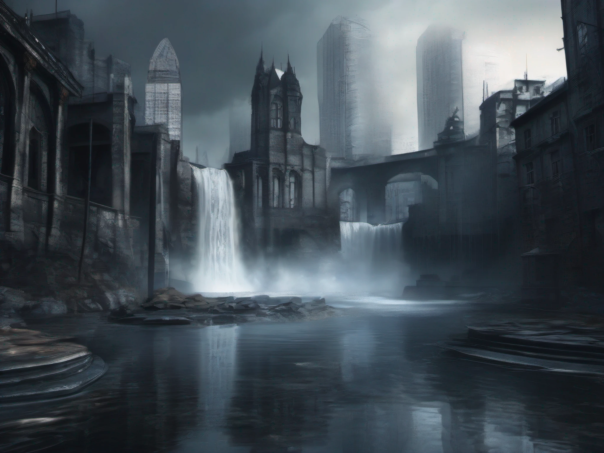 Dark Evil city, beautiful water fall DOUBLE EXPOSURE. High-resolution details, fine texture, Highly photorealistic, Ultra HD 12k, --v 5.2, -- s 50,