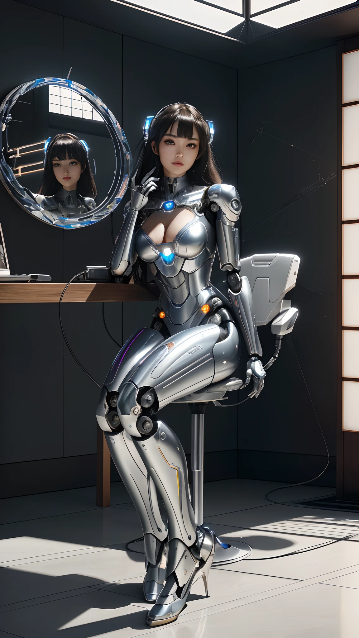 cyborg robot parts，180 mm，Beautiful studio soft light，rim-light，vibrant detail，luxuriouscyberpunk，lacing，ultra-realistic realism，parfect anatomy，((((The face of a real Japanese beauty girl
)))),((Charging port，charging cable，antennas))，（(sit on chair，Charging robot)),((There is very complex equipment next to it)),ellegance, beatiful background, rendering by octane, HR Giger style, 8k, best qualtiy, tmasterpiece, illustratio, very fine and beautiful, The is very detailed, the wallpaper, (fidelity, fidelity: 1.37), Amazing Cleavage, finely detailled, tmasterpiece, Best quality at best，offcial art，The is very detailed, CG unified 8k wallpaper，absurderes，unbelievable Ridiculous，droid，silver helmets，(((Full body photo)))，(((Side photo)))(((Indoor roof，Walls all around，The floor，Made of mirrors in pieces，Each mirror contains an image of a robot)))