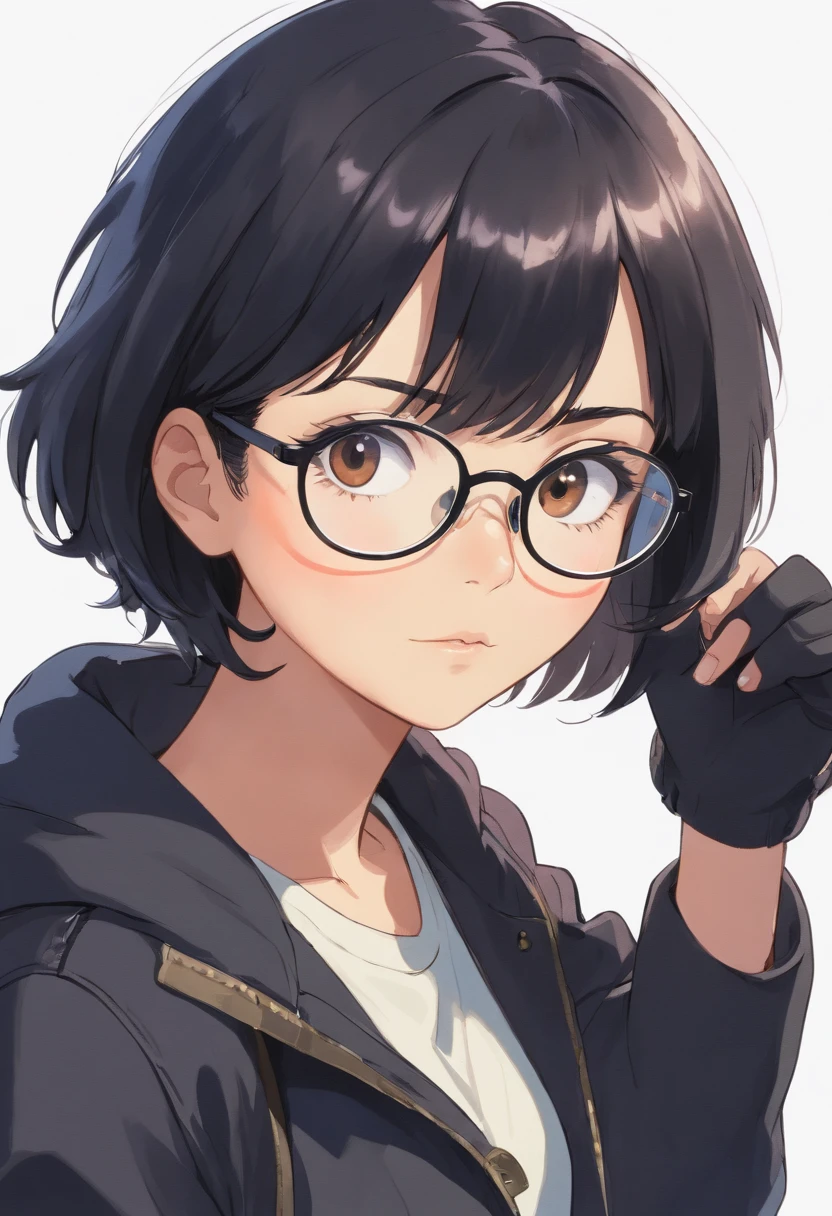 woman, wearing eyeglasses, short black hair, wearing black jacket, white background