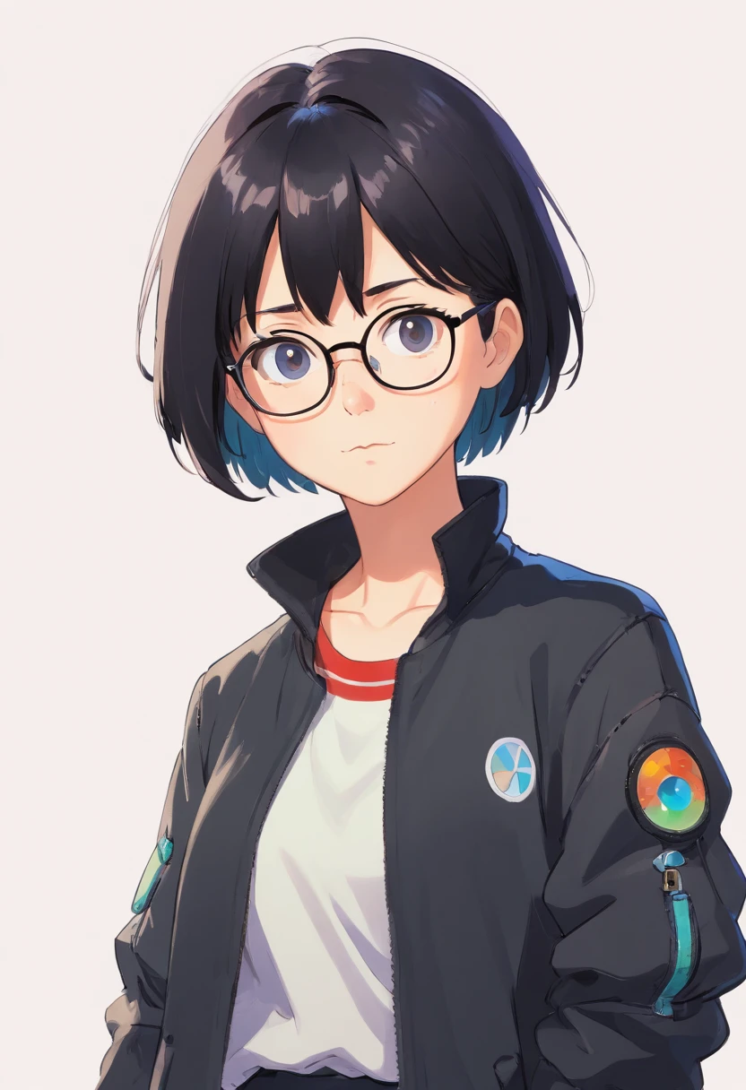 woman, wearing eyeglasses, short black hair, wearing black jacket, white background